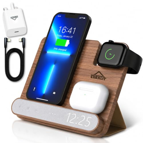Apple Wireless Charging Station 3 in 1 with Clock & 30W Adapter–Qi Charger for iPhone 8–16, Apple Watch, AirPods–Compatible with Samsung–Bamboo/Walnut Wireless Charger (Walnut)