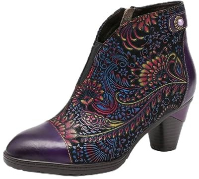 eimeinuosy Socofy - Stivaletti da donna, per autunno e inverno, con tacco a blocco, in pelle, con motivo floreale, antiscivolo, con cerniera laterale, per matrimoni, feste, abiti da sera, Viola, 10