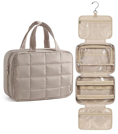 BAGSMART Resor toalettväska dam, necessär för att hänga upp hängande toalettväska, busig makeup sminkväska arrangör, handbagage resetillbehör, BRUN