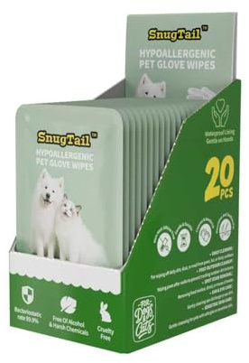 SnugTail Pet Glove Wipes for Dogs & Cats,Shedding Control, Dander Removal & Paw Cleaning, Travel Essentials for Pets(20 Individual Pack)