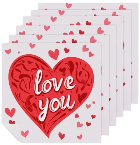 Set di 6 tovaglioli di stoffa quadrati con scritta Love You, per San Valentino, riutilizzabili, lavabili, in poliestere, per cene e feste