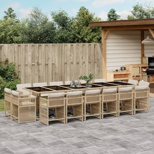 QJBSAVVA 17-TLG. Garten-Essgruppe Beige Poly-Rattan mit 330x106x73 cm Tisch klappbare Stühle Cremekissen modernes Balkonmöbel-Set für Terrasse Garten und kleinen Balkon