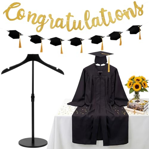 Xuhal Graduation Cap and Gown Display Stand with Banner Adjustable 20-34 Inch Garment Hanger Graduation Gown Jersey Display Rack Shirt Mannequin Stand for Grad Clothing Dress Party Supplies