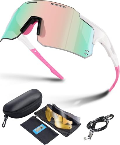 Winyoher Fahrrad-Brille Damen UV400 Sport-Sonnenbrille | Winddichte Fahrradbrille Herren Mit 2 Austauschbaren Linsen | Sportbrille Für Rennrad, Laufen, Joggen (Pink)