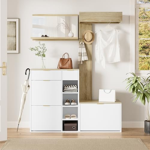 BENMWS Juego de percheros para pasillo, 130 x 30 x 174 cm, color natural y blanco, 4 piezas con zapatero, banco, espejo de pared y panel de armario, con estante, para la entrada