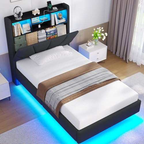 Brinlawb 3ft Floating Single Bed Frame with LED Lights & Charging Station (2 AC Sockets, 1 USB-A, 1 USB-C Port) Upholstered Headboard, Openable Backrest Design with Hidden Storage Compartment, Grey