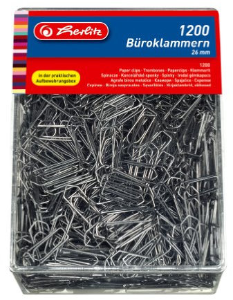 herlitz Büroklammern verzinkt, 26 mm, 1200 Stück in transparenter Aufbewahrungsbox