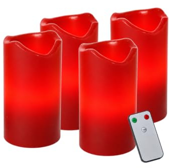 Star Trading LED Wachskerzen Set, 4er-Set flammenlose Kerzen in Rot mit Fernbedienung, Timer & Echtwachs-Optik, batteriebetrieben, 10 x 5 cm