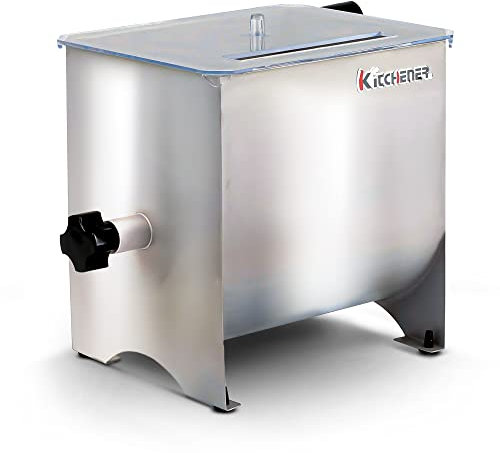 Kitchener Meat Mixer Stainless Steel Manual Hand Crank 4.2 Gallon/16L Max 17.6LBS Pound Capacity Heavy Duty Commercial Food Grade w/ 4 Removable Mixing Paddles and Clear Lid for Seasoning Meat