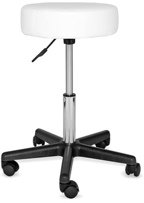 tavora Rollhocker 360° Drehbar, Höhenverstellbar, Traglast 100 kg, Weiß | Gepolsterter Arbeitshocker auf Rollen mit verstellbarer Sitzhöhe & Kunstlederbezug für Praxis, Studio oder Werkstatt