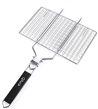 Qiluck Griglia per Barbecue Portatile e Pieghevole in Acciaio Inox 430 griglia Barbecue arrosto per Pesce, Verdure, Carne, gamberetti Staccabile con Manico in Legno e Borsa per Un Facile Trasporto