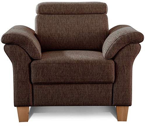Cavadore Sessel Ammerland inkl. Federkern und Kopfteilverstellung / Großer Polstersessel im Landhausstil / Passend zur Sofagarnitur Ammerland / 101 x 84 x 93 / Strukturstoff braun