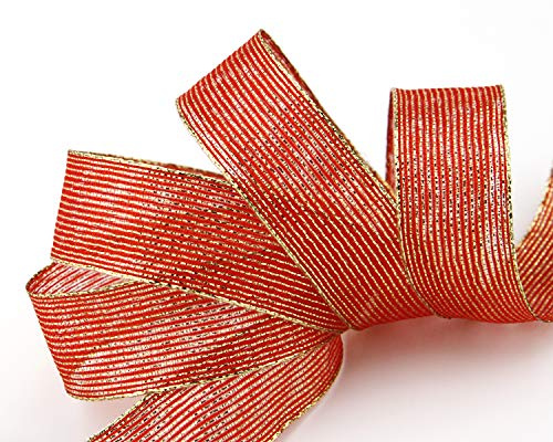 20 m x 25 mm Dekoband METALLIC STRIPES ROT Gold Lurex Streifen Geschenkband Weihnachten Band Schleifenband mit Drahtkanten glänzend Weihnachtsband