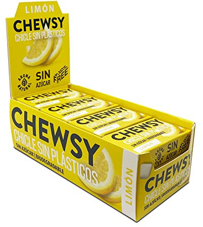 Chewsy - Chicles de Limón Sin Azúcar - Pack de 12 Unidades de 15 g - Ayuda a Proteger tus Dientes - No Contiene Plástico, Edulcorantes y Aromas Artificiales - Chicles Naturales