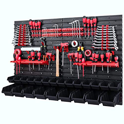Boîtes empilables pour murs à outils 1152 x 780 mm Système de rangement Lot de 23 supports à outils et 23 boîtes noires Étagère murale pour atelier Étagère murale perforée Étagère de rangement