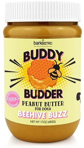 Buddy BUDDER Bark Bistro Company, Beehive Buzz, 100% Natural Dog Peanut Butter, Healthy Peanut Butter, Stuff in Toy, Dog Pill Pocket - Made in USA (17oz Jars)