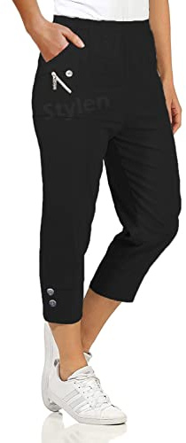 URBAN STITCH Womens Capri Trousers Ladies Three Quarter Soft 3/4 Cropped Pants UK Ladies Stretch Pull on Trousers Elasticated Waist Plus Size Summer Shorts