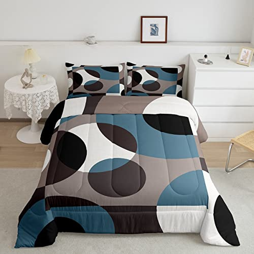 Blue Geometric Comforter Set Circle Bedding Set Twin,Abstract Swirls Lines Stripes Quilt Retro Grommet Patchwork Geometric Rustic Modern Circle Urban Art Room Decor,Brown Black Down Comforter