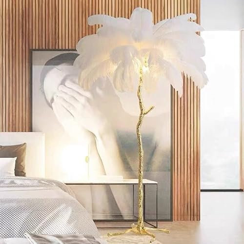 FYHCY Lampadaire, Lampe Plume d'Autruche avec 35 Plumes, Lampadaire en Résine Dorée, Grand Lampadaire, Convient pour Chambre et Salon, 170 x 110 cm C