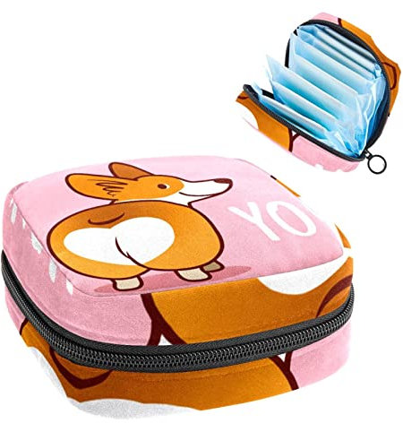 Dog Corgi I Love U Pink, Perioden-Tasche, tragbar, Tampon-Aufbewahrungstasche, Tampon-Halter für Geldbörse, femininer Produkt-Organizer, Mehrfarbig, 4.7x6.6x6.6 in/12x17x17 cm