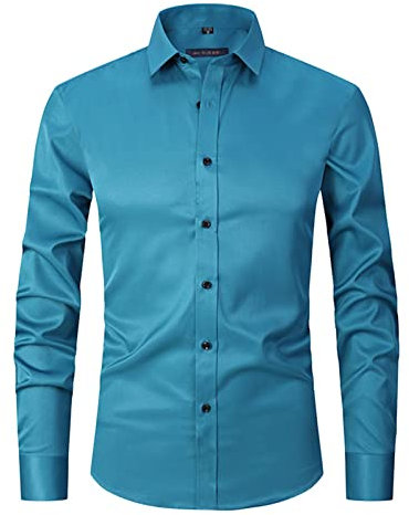 HAOLEI Men's Dress Shirts UK Clearance Long Sleeve Smart Casual Plain Button Shirt Non Iron Solid Turn Down Collar Business Shirts Regular Fit Stretch Wedding Work Office Oxford Formal Shirt Blue