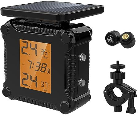Shkalacar Reifendruck-Kontrollsystem Motorrad mit 2 externen Sensoren, großem LCD Bildschirm, Solaraufladung und magnetische Aufladung, Wasserdichtes Motorrad Reifenalarm für Zweirädriges