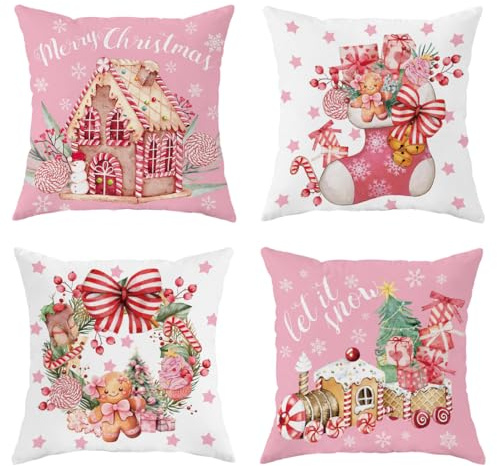 Gingerbread House Throw Pillow Covers Candy Cane Christmas Stocking Train Gift Pink Fun Cute Winter Linen Cushion Cover 18×18 Inch Set of 4 Suitable for Christmas Party Living Room Bedroom Sofa Bed