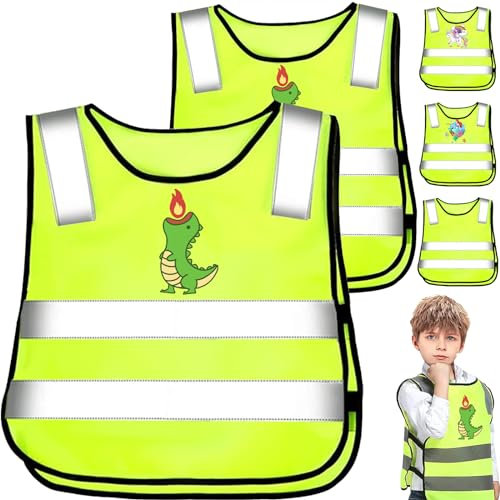 2 Piezas Dinosaurio Chaleco Reflectante Niños, 360° Amarillo Chaleco Reflectante de Alta Visibilidad para 2-12 Años Niños, Chaleco Seguridad Niños para Carrera, Ciclismo, Senderismo