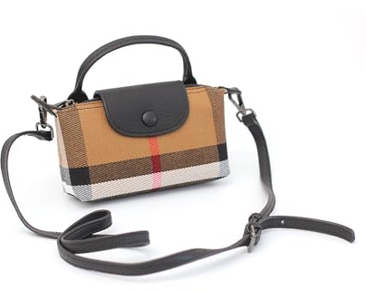 Waiyqju Kleine Luxus-Karo-Damen-Handtasche mit Tragegriff oben aus Leinen und Leder, kontrastierende Farben
