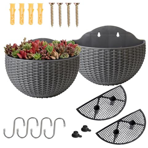 YuanDiann Wandmontage Blumentopf Halbrunder Rattanimitat Hängender Blumenkorb Balkon Innen Außen Garten Deko Pflanzgefäß Blumenampel Selbstbewässerung mit Wasserspeicher Silber Grau 2 Pack S