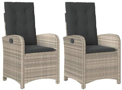 vidaXL Gartensessel mit Kissen 2 STK., Gartenstuhl mit Verstellbarer Rückenlehne, Liegestuhl mit Stahlrahmen, Sessel Stuhl Relaxsessel, Hellgrau Poly Rattan