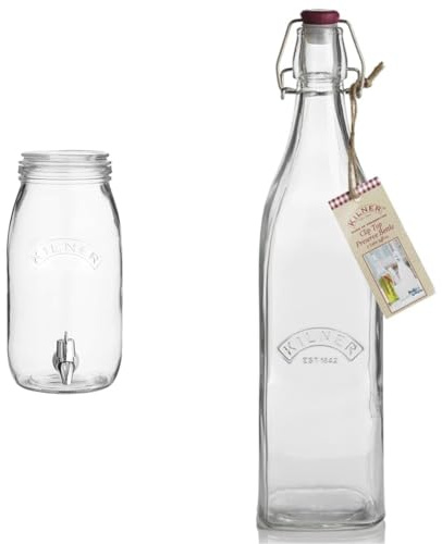 Kilner 3 Litre Round Glass Drinks Dispenser & Square Glass Clip Top Bottle, 1 Litre