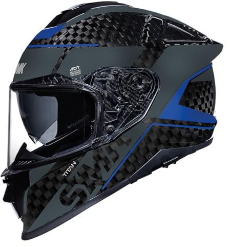 SMK Helmets Integralhelm, Modell Titan Carbon, Schwarz, glänzend, Schwarz und Blau, mit Zulassung 22.06 (S 55/56)