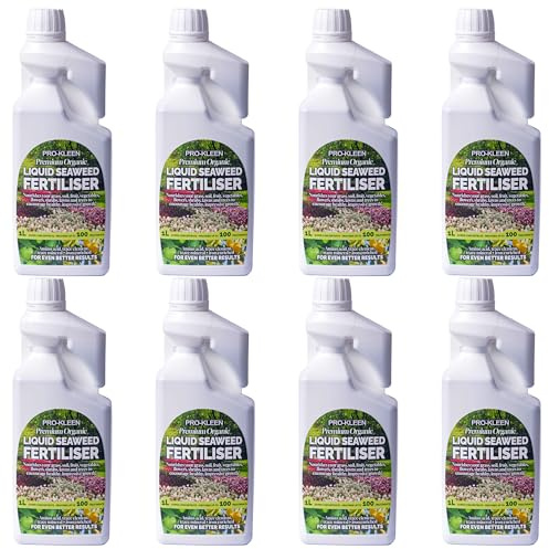 Pro-Kleen Organic Liquid Seaweed Fertiliser 8 x 1L - Ascophyllum Seaweed Extract for Grass, Vegetables, Fruit, Flowers, Shrubs, Lawns & Trees - Concentrated Formula - Provides up to 800 Treatments