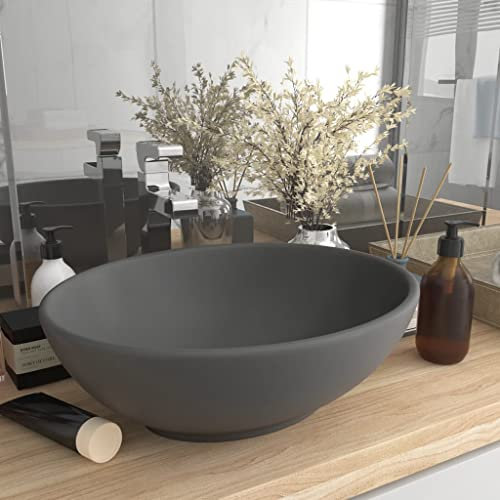 AJJHUUKI Ferramenta - Lavabo di lusso ovale in ceramica grigio scuro opaco 40x33 cm