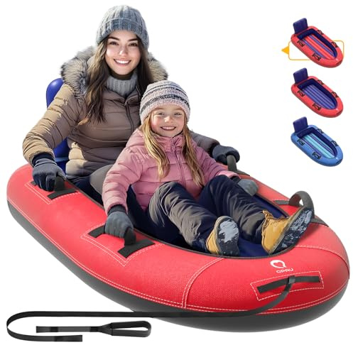 QPAU Snow Sled with Premium Canvas Cover, 2 Person Inflatable Heavy Duty Snow Tube with Reinforced Handles, Snow Sleds for Kids and Adults, Winter Toboggan Outdoor Toys Gifts for Family (Red)