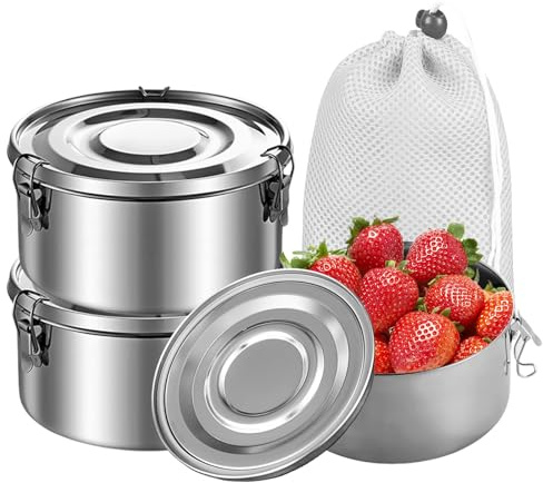 SUNOYA 3 Stück Edelstahl Brotdose, Edelstahl Dose, Lunchbox Edelstahl, 360 ml, für Camping Ausflüge, Snacks, Obst, Müsli, Gewürz, mit Aufbewahrungstasche