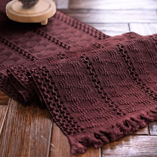 Weldomcor Makramee Baumwollflachs Mesh Tischläufer Burgunderrot 30x180cm | Rechteckige Abwaschbar Tischläufer mit Quasten, Boho Vintage Bauernhaus, Ideal für Küche Hochzeit Esszimmer Weihnachtsdeko
