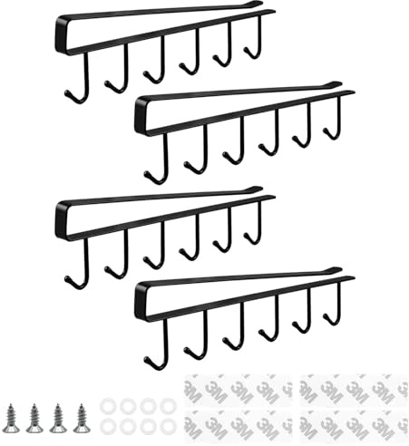 JINTANG 4pack Mug Hooks Under Shelf,with Adhesive/Screw (Black) | Under Shelf Mug Holder,Under-Cabinet Hanger Rack,Over Door Hanger for Coat, Towel, Bag, Robe