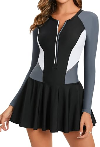 Panegy Rash Guard for Women Long Sleeve Zipper Swimsuit Swim Dress Elegant One Piece Bathing Suit Tummy Control Skirt Beach Wear Black M