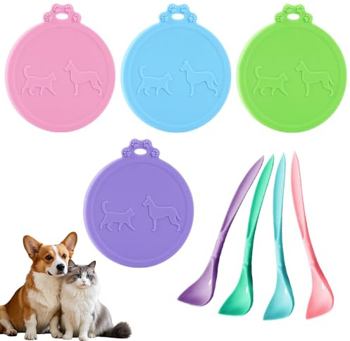 Naapesi 4 Pieces Can Lids for Tins with Spoons, Universal Size Tin Cans Covers Lids, Silicone Lid Can Tops Covers for Cat Dog, Standard Size Cans Tops and Spoons, Dog Food Tin Lid Covers