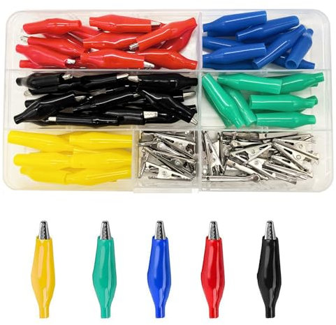 Set di 50 morsetti a coccodrillo da 35 mm, clip di prova a coccodrillo con copertura isolante protettiva per test multimetro, collegamento circuito (nero/rosso/giallo/blu/verde)