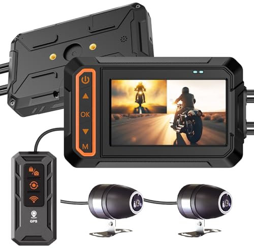 ydi Dashcam Avant et Arrière 1080P pour Moto, Étanche Caméra Moto Embarquée avec Écran 3 Pouces, Double Grand Angle 155 Degrés, Wi-FI, GPS, Télécommande Filaire, Moniteur de Parking
