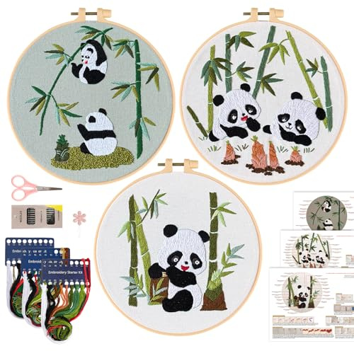 JSRQT 3 Sets Stickerei Set Anfänger Erwachsene, Gestempeltes Kreuzstich Set mit Panda Muster, Handgefertigtes Nadelspitzen Stickset mit Werkzeugsatz, DIY Handwerk Heimdekoration