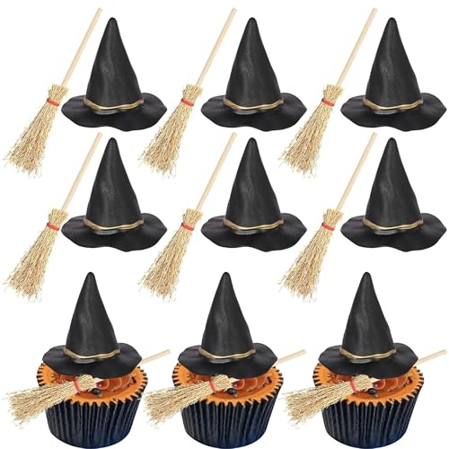 Xsstarmi 12 Packung Halloween Hexe Cupcake Toppers 3D Besen Schwarzer Hexenhut Cupcake Picks für Halloween Hexe Geburtstag Jahrestag Party Kuchendekoration