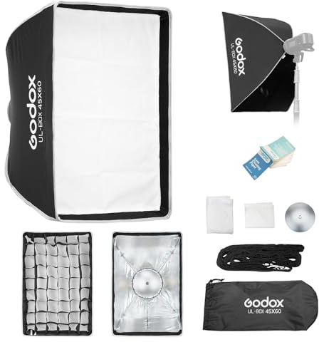 Godox UL-BOX-45 x 60 rektangulär softbox, 45 x 60 cm mjuk låda snabbbrytare med grill, hopfällbar softbox med Bowens-fäste för studio, videolampa SL60W SL100D SL100Bi MS200-V MS300-V DP400III-V