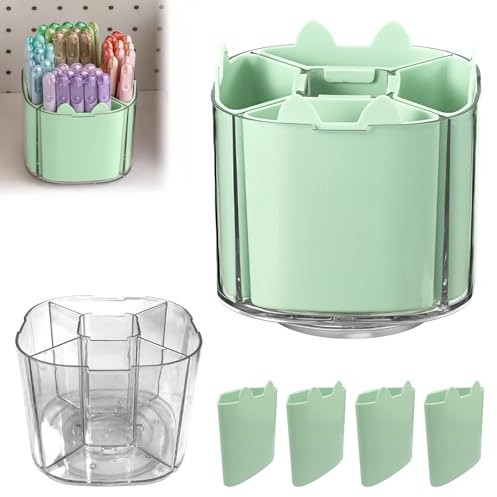 mimzemamz Stifte Organizer,360° Stiftehalter Drehbar,Verstellbar Stiftehalter Schreibtisch Drehbar mit Fünf Fächern,Stifte Halter für Haus,Schule und Büro,Stifte,Ordner,Haftnotizen (Hellgrün)