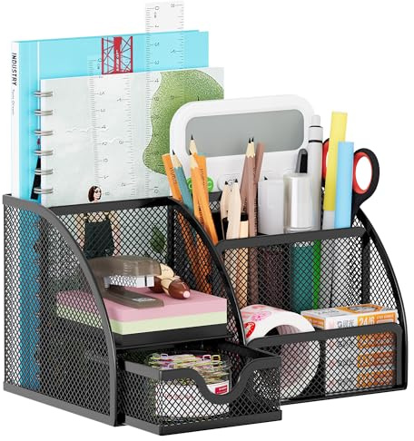 Solinxe Schreibtisch Organizer, Metall Stifte Organizer mit Schublade, Multifunktionaler 6 Fächer Stiftehalter für Büro, Kinder, Schminktisch (Schwarz)