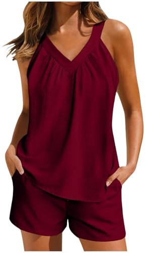 Co Ord Sets for Women Summer Two Piece Outfit Homewear Loungewear V Neck Sleeveless Tunic Tops with Shorts Y2K Tracksuits 2 Piece Lounge Set Pyjamas Sets for Holiday Beach Streetwear
