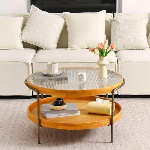 Cagnolier Couchtisch Rund, Wohnzimmertisch Rund, 2-Tier Coffee Table mit Stauraum, 76cm Couchtisch Runder Holz aus Glas mit Metallgestell, Ø76x45cm